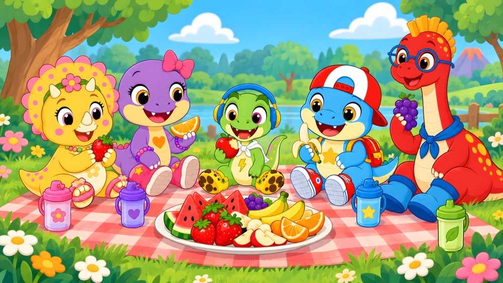 A turma do Dino Team reunida em um piquenique de frutas