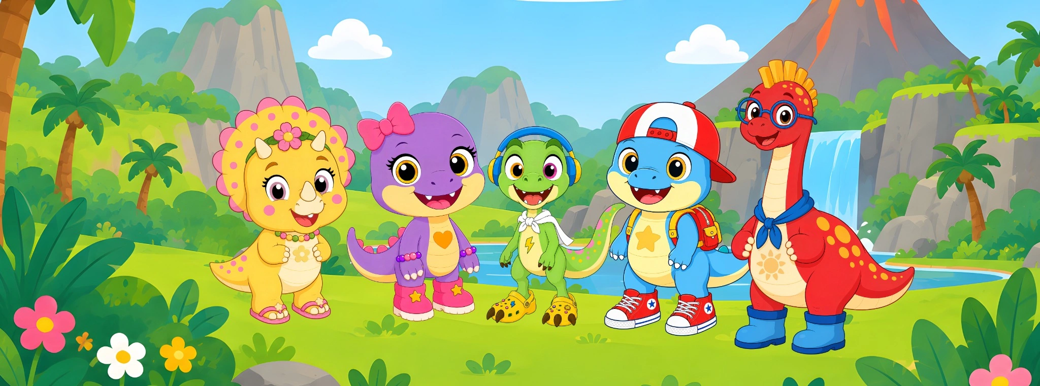 Bia, Nina, Rappi, Tex e Toby em um cenário jurássico colorido, com sol, árvores e cachoeira